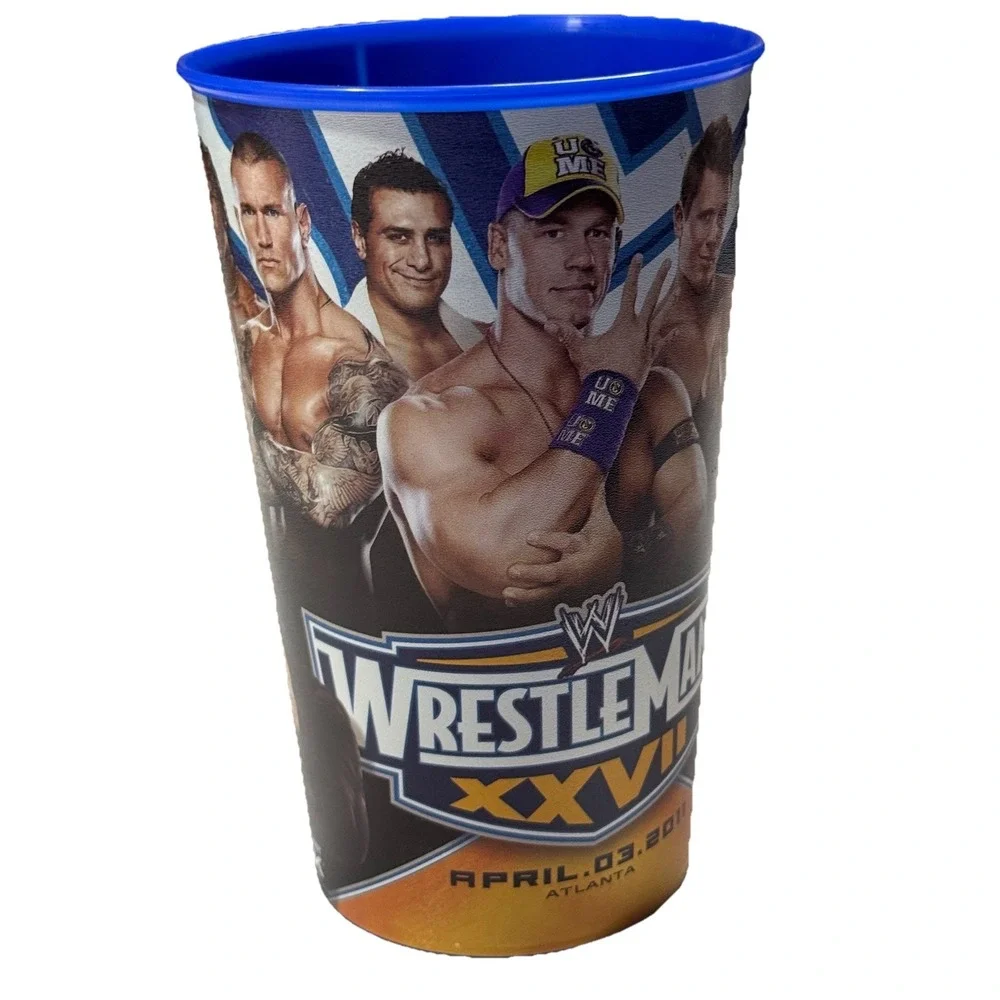 2 Vintage WWE Blue & White Collectible Plastic Souvenir Cups Wrestling Superstar